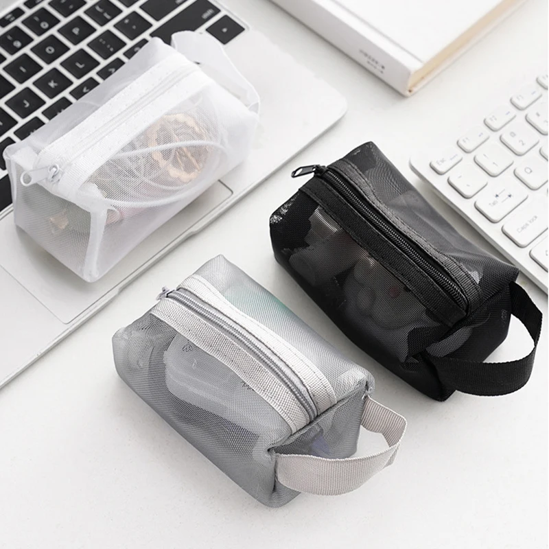 sacs à clés de grande capacité, sac à cosmétiques transparent, pochette de rangement carrée en maille, mini porte monnaie à fermeture éclair, mini sac de lavage, étui de papeterie