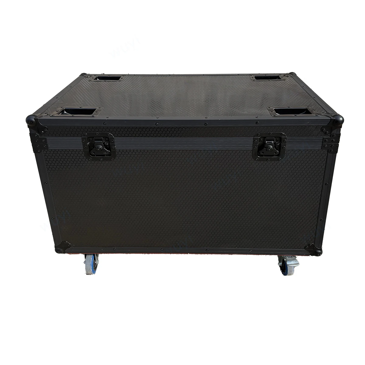 grand flight case personnalisé tout noir, équipement de scène, boîte en alliage d'aluminium, fil d'air, coffre antichoc avec roues