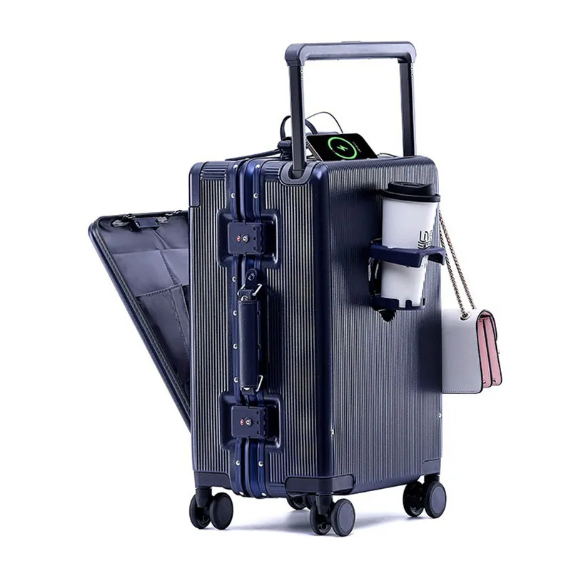 valise voyage à large poignée avec porte gobelet usb, bagages à ouverture avant, valise cabine de 20/26 pouces, sacs de voyage à main, valise à roulettes avec mot de passe, nouveau