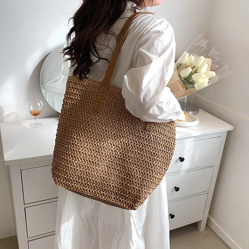 sac à main à bandoulière tissé à la main pour femmes, mode bohème, fourre tout de plage en paille, sac de voyage, sacs de shopping tissés