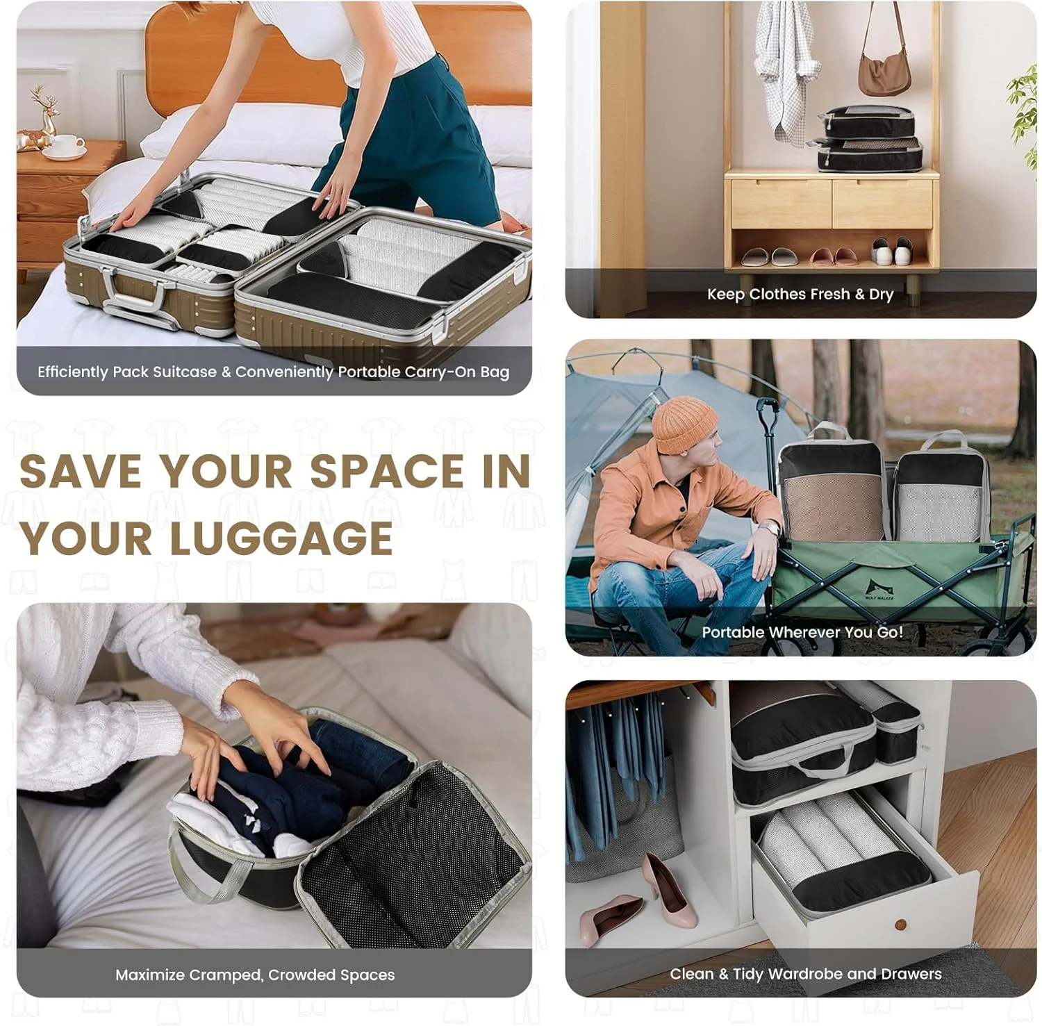 cubes d'emballage compressés de voyage, ensemble d'organisateurs de rangement avec sac à chaussures, bagages visuels en maille, valise légère et portable 6 pièces