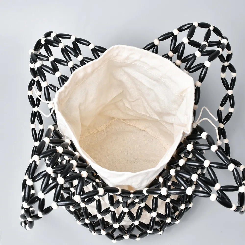 sac à main tissé pour femmes, design exquis, fourre tout en perles de bois ajourées, sac seau à bandoulière, sac à main perlé fait à la main