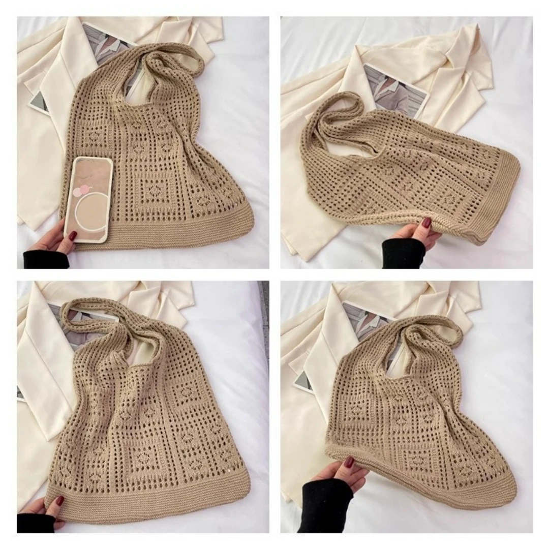sac de shopping vintage tricoté pour femmes, sac à bandoulière fait à la main en crochet, sac à main ample ajouré pour le shopping décontracté pour femmes