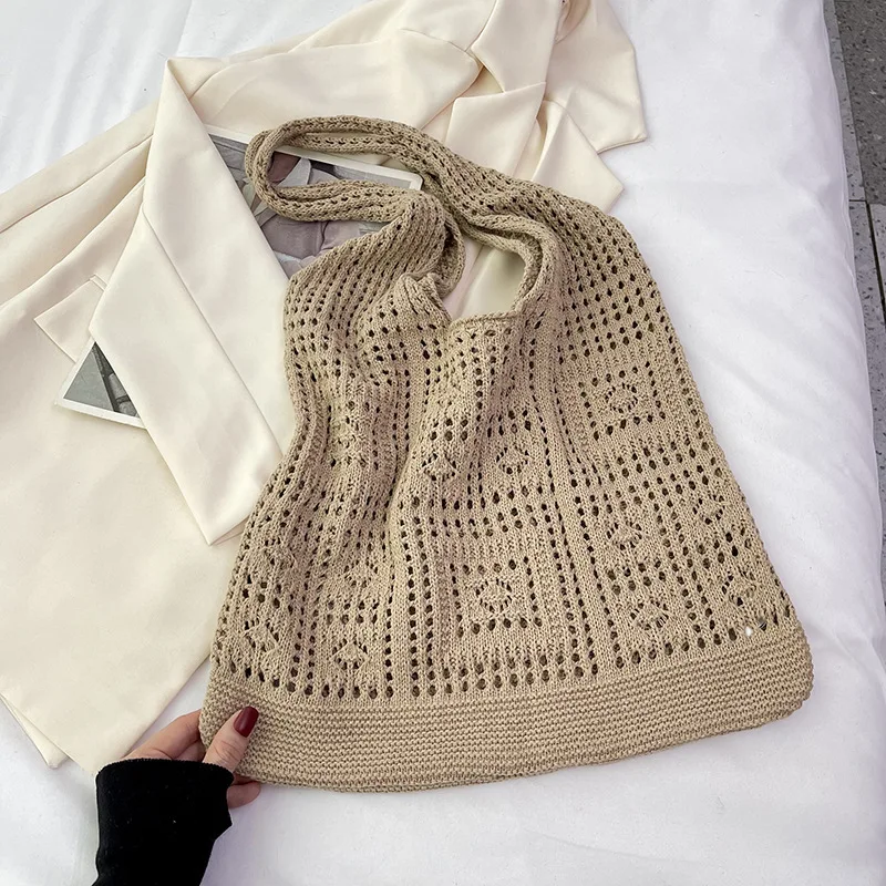 sac de shopping vintage tricoté pour femmes, sac à bandoulière fait à la main en crochet, sac à main ample ajouré pour le shopping décontracté pour femmes