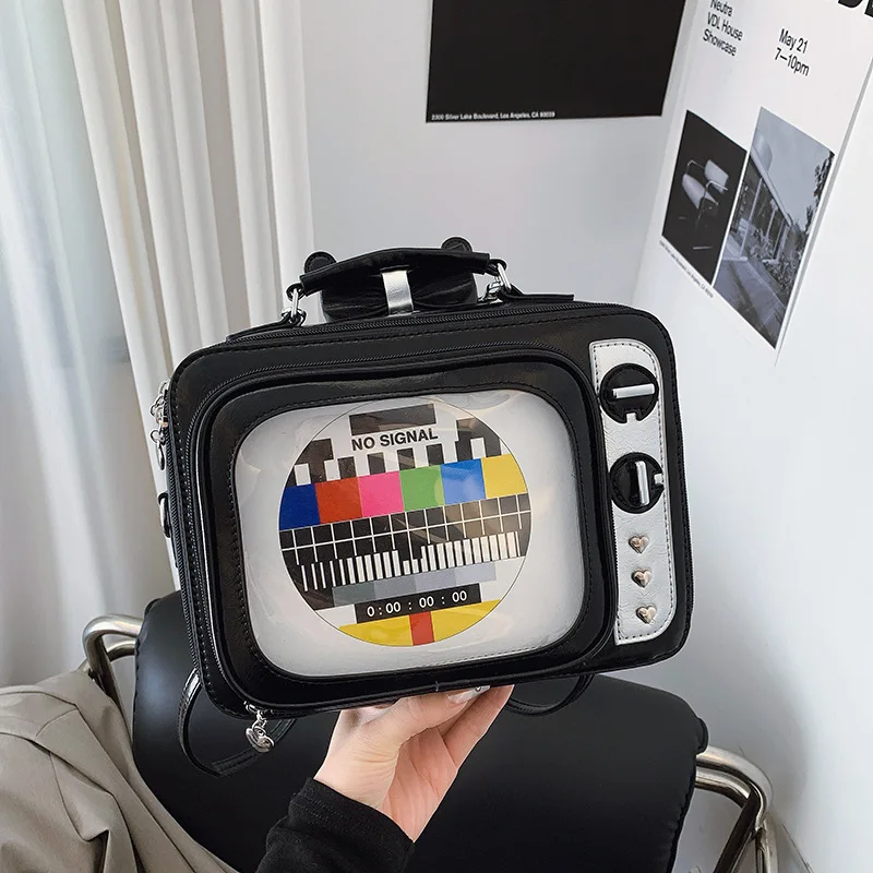 dessin animé mignon sacs à main pour femmes drôle rétro tv transparent carré sac mode cuir personnalisé créatif sac à bandoulière femme