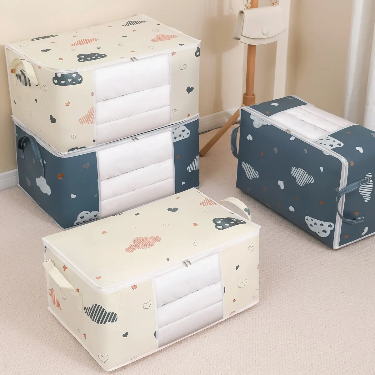 sac de rangement pour vêtements de grande capacité, évalué avec poignée renforcée, adapté aux couvertures, literie pliable avec fermeture éclair robuste