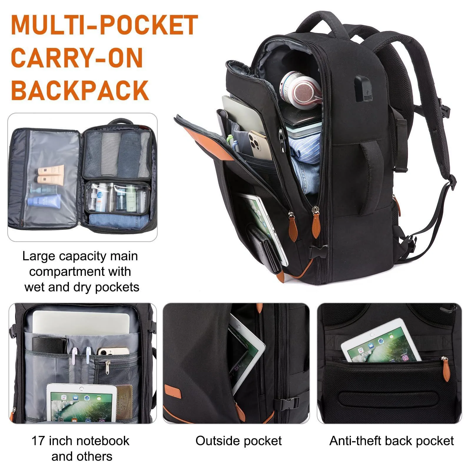 grande valise extensible de voyage de grande capacité sacs à dos avec 4 cubes d'emballage sac à dos de bagage résistant à l'eau mochila