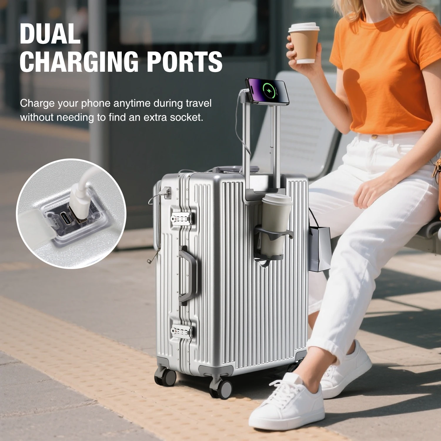 aiweiny 2025 valise pc à coque rigide en aluminium, résistante à la pression, avec roulettes omnidirectionnelles silencieuses à 360°, porte gobelet et étagère de rangement, équipée d'une serrure tsa.