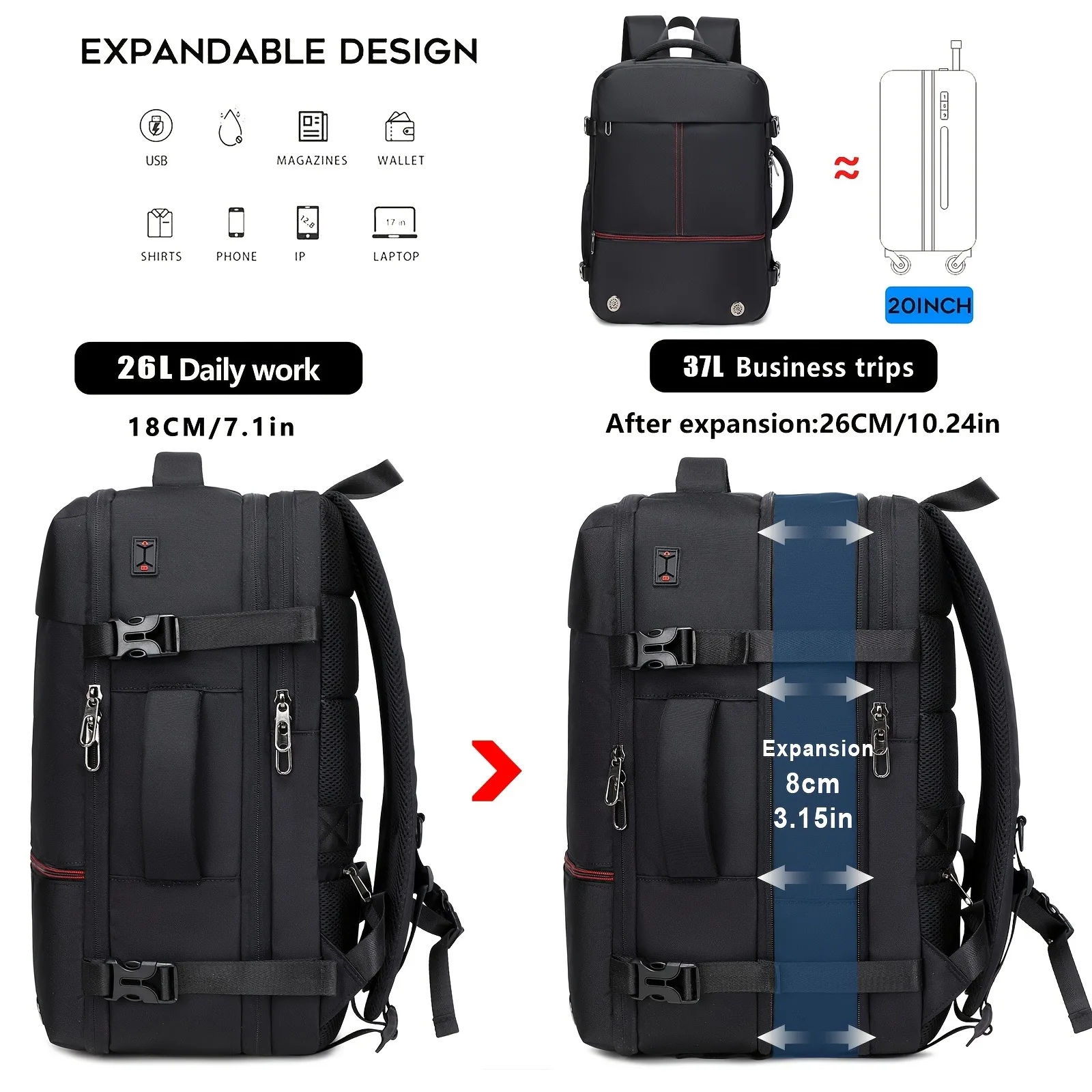 sac à dos de voyage extensible 40l, sac à dos extensible, bagage à main de grande capacité sac de week end, sac à dos de voyage, sac pour ordinateur portable