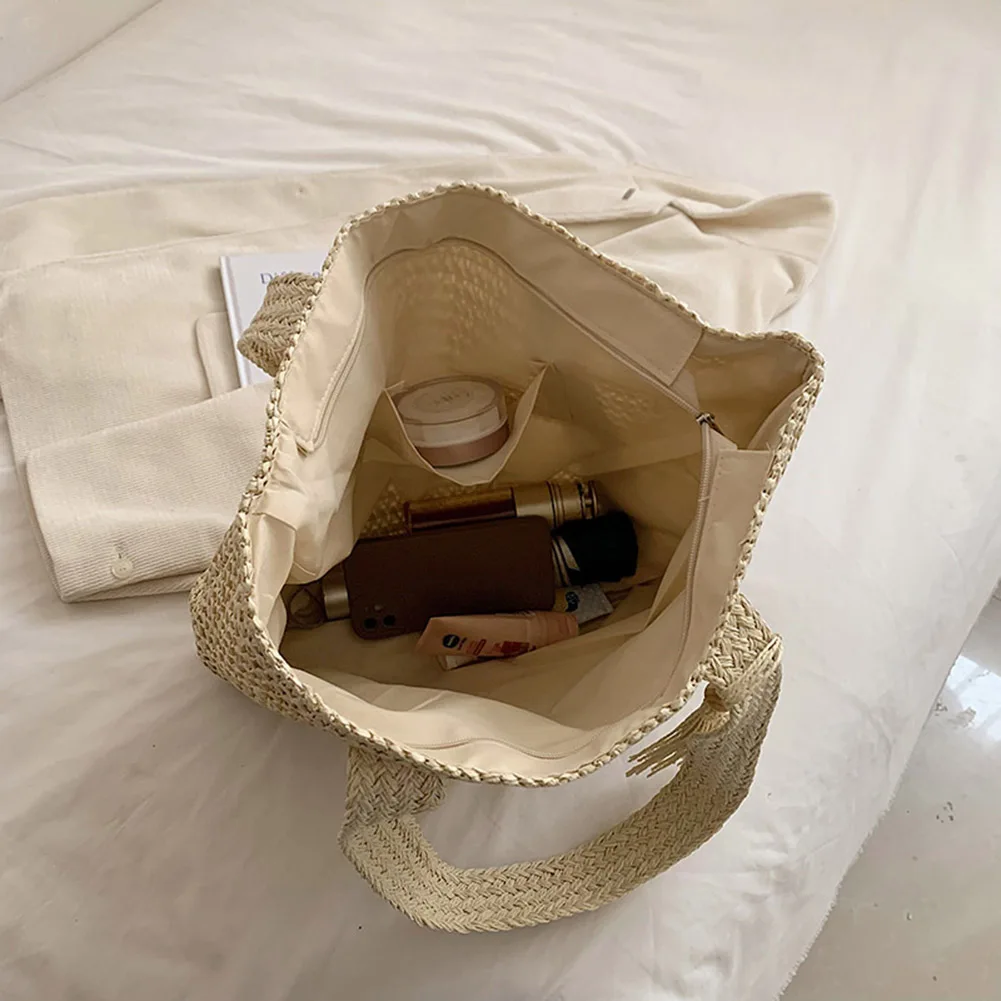 sacs à main d'été tissés à la main pour dames, sac tissé à la main, mode simple, grande capacité avec pendentif pompon, sac à main de shopping, fourre tout