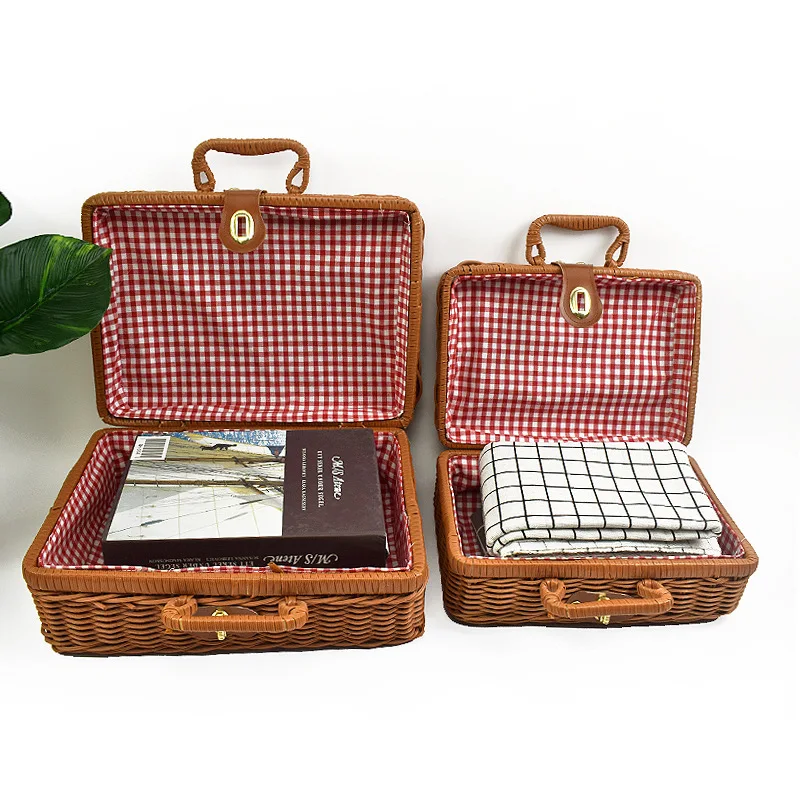 valise de tri et de rangement de cosmétiques, boîte cadeau de transport à la main, mir de rangement tissé en rotin, rétro