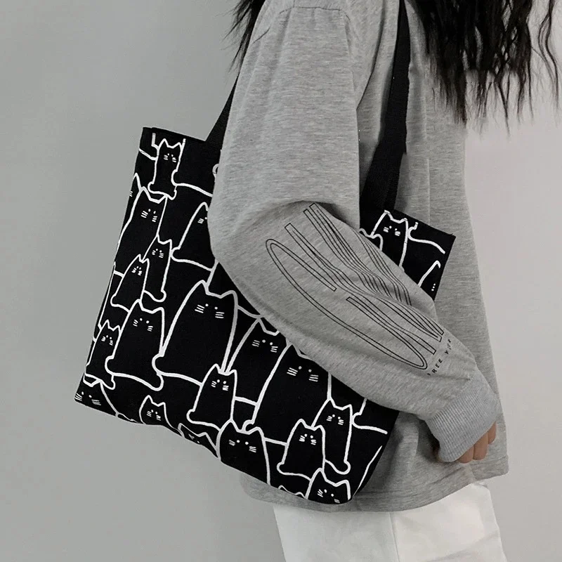 sacs en toile sac à main pour femmes shopper mignon chat sac fourre tout avec fermeture éclair sac de créateur style japonais dessin animé petite épaule