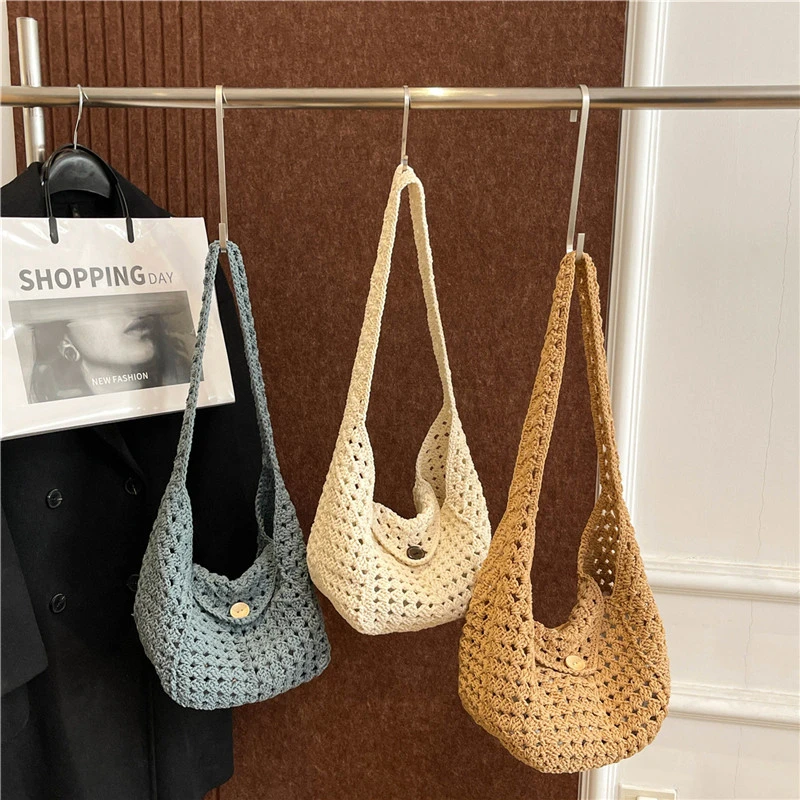 sac à main tricoté à la main pour femmes, sac à bandoulière simple kaki beige bohème, réutilisable, style japonais, sac de voyage décontracté