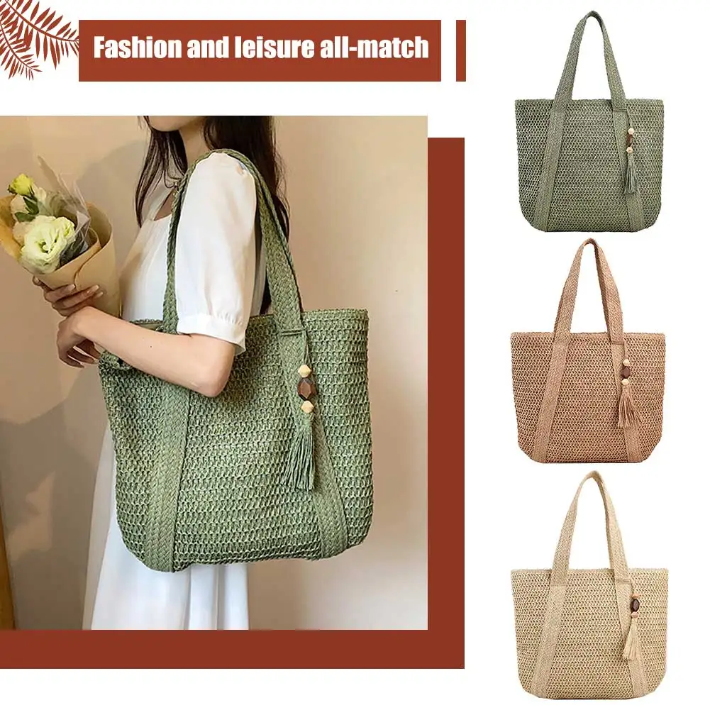 sacs à main d'été tissés à la main pour dames, sac tissé à la main, mode simple, grande capacité avec pendentif pompon, sac à main de shopping, fourre tout
