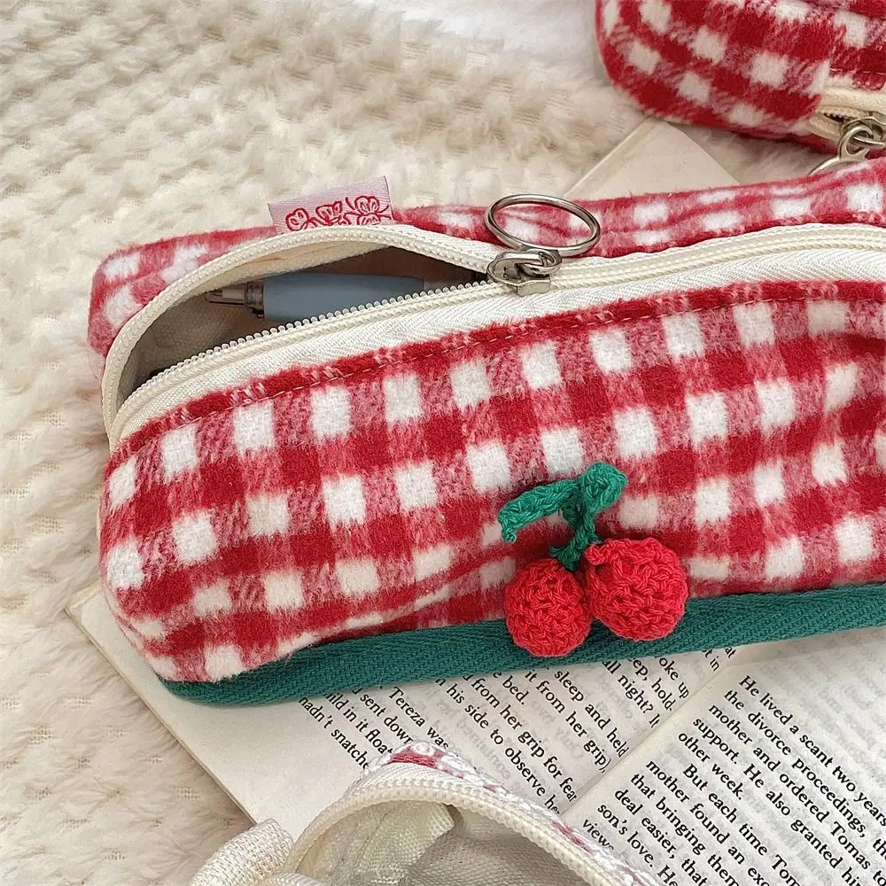 trousse à crayons à carreaux kawaii, sac de rangement à carreaux doux et mignon, pochette de rangement de papeterie simple pour enfants