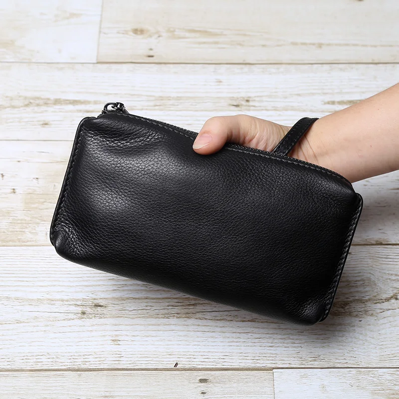 sac à main en cuir véritable pour homme, cuir souple, rétro décontracté, couche supérieure, cuir de vachette, portefeuille long, grande capacité, fermeture éclair, sac pour téléphone