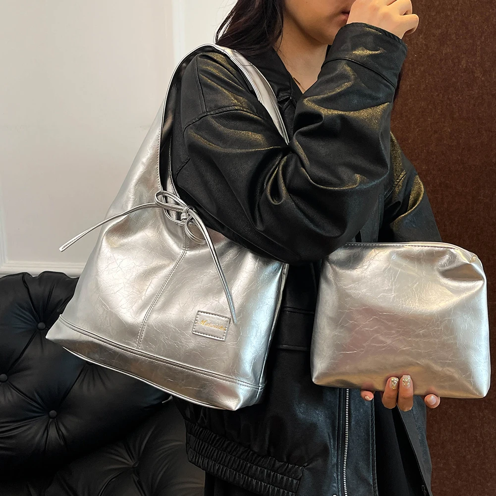 Sac à bandoulière élégant avec nœud en PU pour femmes, fourre-tout décontracté sous les bras de grande capacité avec petite pochette pour un usage quotidien
