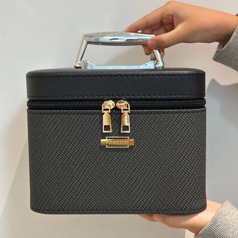 sac à cosmétiques portable en pu de grande capacité, boîte de maquillage à main, organisateur de rangement, style urbain simple, multifonctionnel unisexe