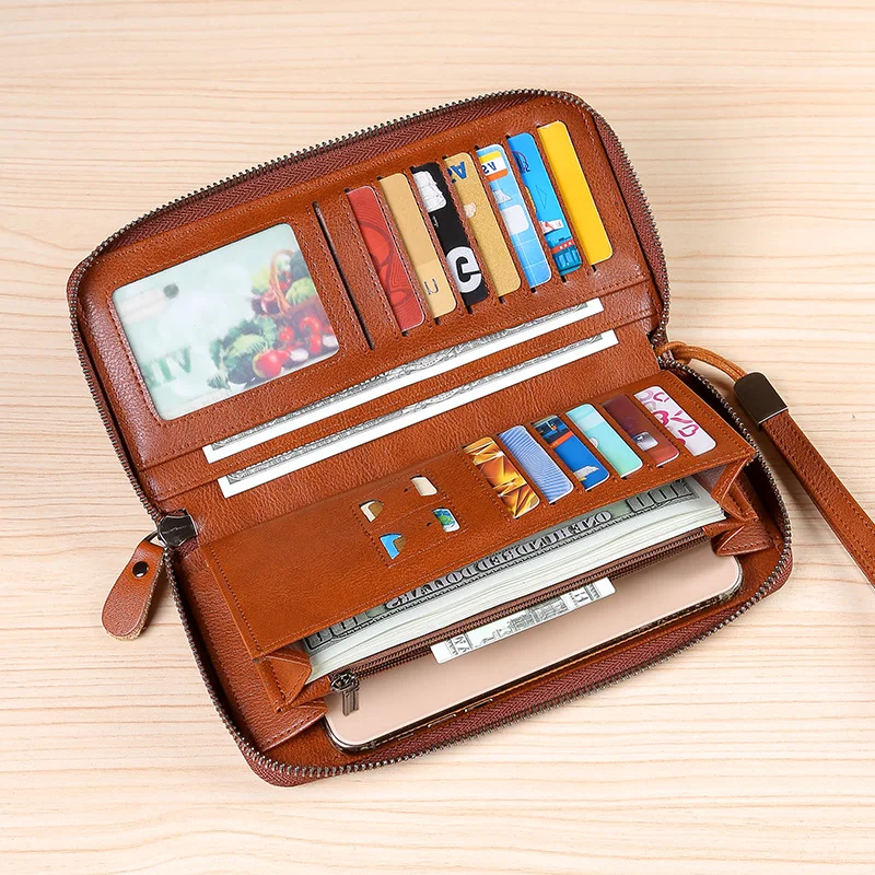 portefeuille en cuir pour hommes, long, nouveau sac à main en cuir de vache souple, léger, luxe, simple, grande capacité, brosse antivol, dégradé de couleur yel