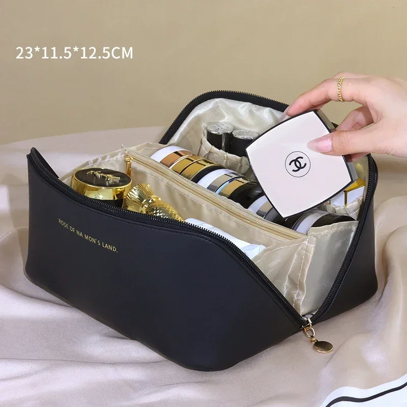 sac à cosmétiques de voyage en cuir de grande capacité pour femme, trousse de maquillage portable, étanche, trousse de toilette multifonctionnelle, sac de rangement d'évaluation