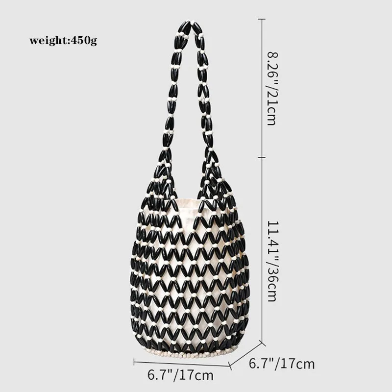 sac à main tissé pour femmes, design exquis, fourre tout en perles de bois ajourées, sac seau à bandoulière, sac à main perlé fait à la main