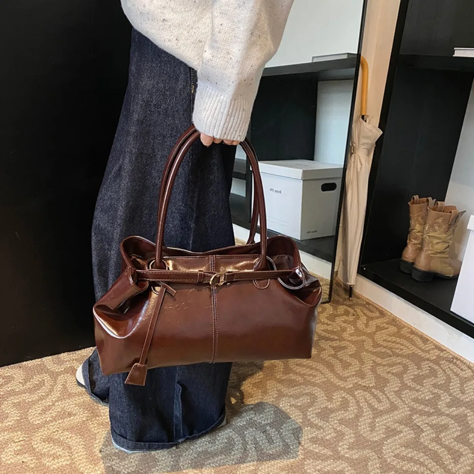 sac à main hobo en cuir pu huilé, sac à bandoulière ample rétro à poignée supérieure, grands sacs de travail pour femmes, fourre tout pour filles, travail, shopping, voyage