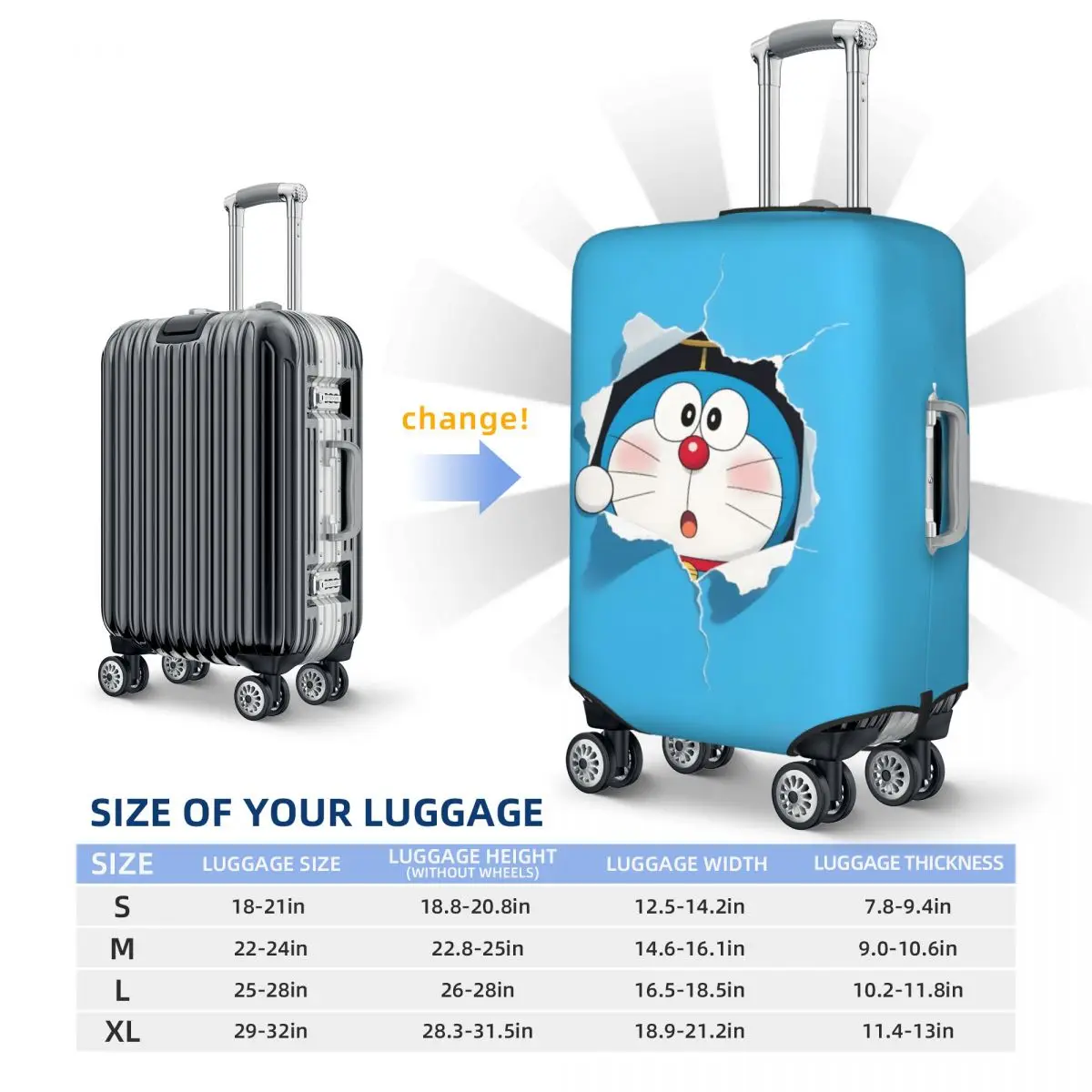 housse de valise personnalisée de dessin animé d doraemons, housses de protection anti poussière pour bagages de chat drôle pour 18 à 32 pouces