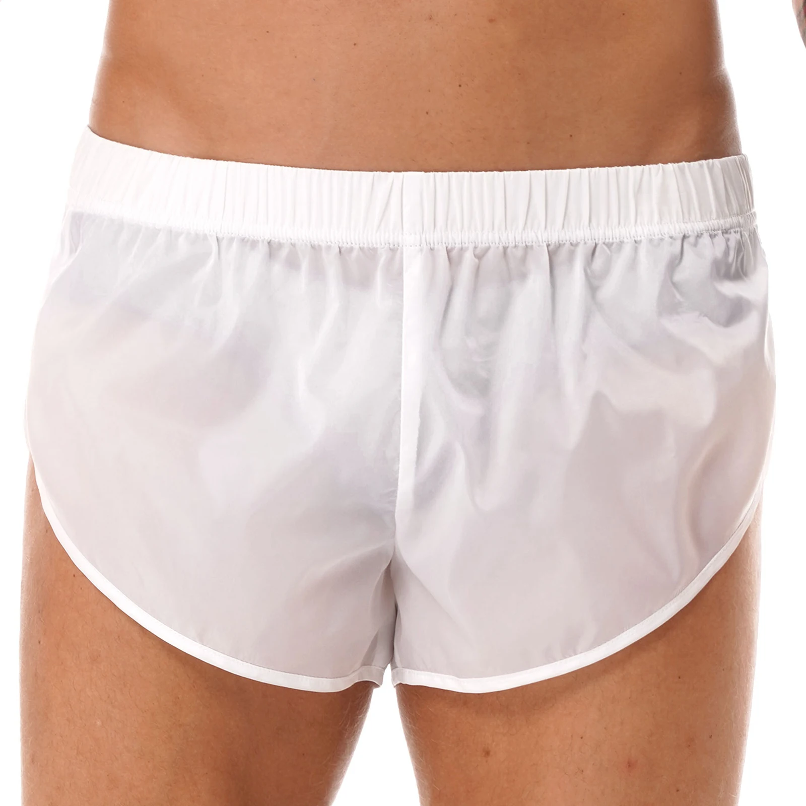 Maillot de bain semi transparent pour homme, short fendu sur les côtés, ceinture élastique, boxer de bain, vêtements de plage