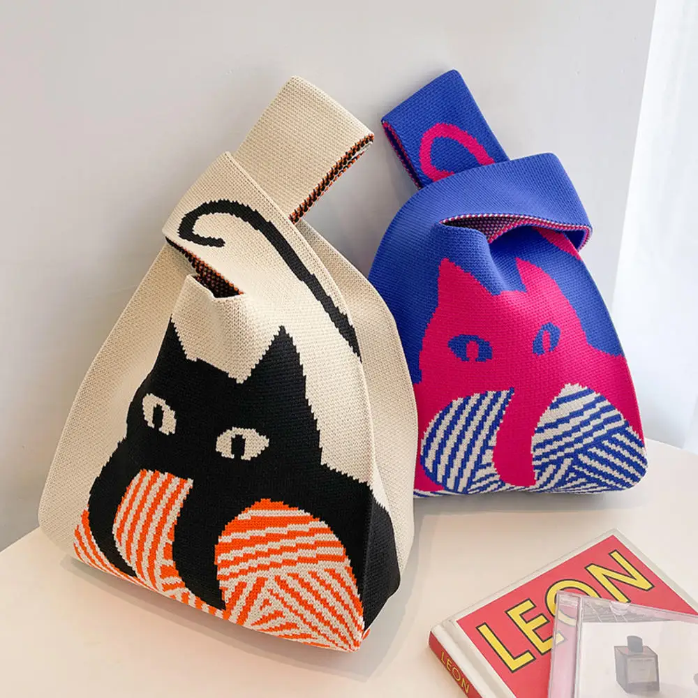 sac à main tricoté à la main pour femmes, mini sac de poignet à nœud, sac fourre tout à carreaux à large rayure, sac à provisions réutilisable pour étudiants
