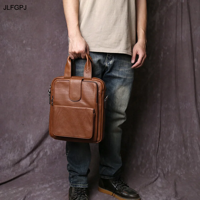 Sac à main en cuir véritable pour hommes, Style Vertical, sac à bandoulière à la mode, couche supérieure en peau de vache, porte-documents à fermeture éclair fait à la main