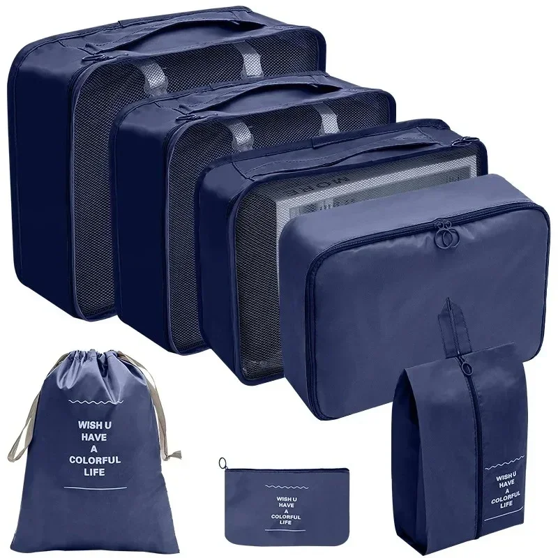 ensemble d'organisateurs de voyage, sacs de rangement, valise, cubes d'emballage, étuis portables, bagages, vêtements, chaussures, pochette de rangement pliante