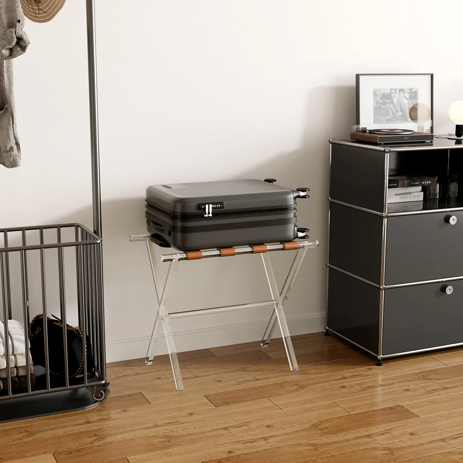 Valise Pliante Transparente en Acrylique T1 pour Hôtel, Petit Tabouret de Rangement de Vêtements