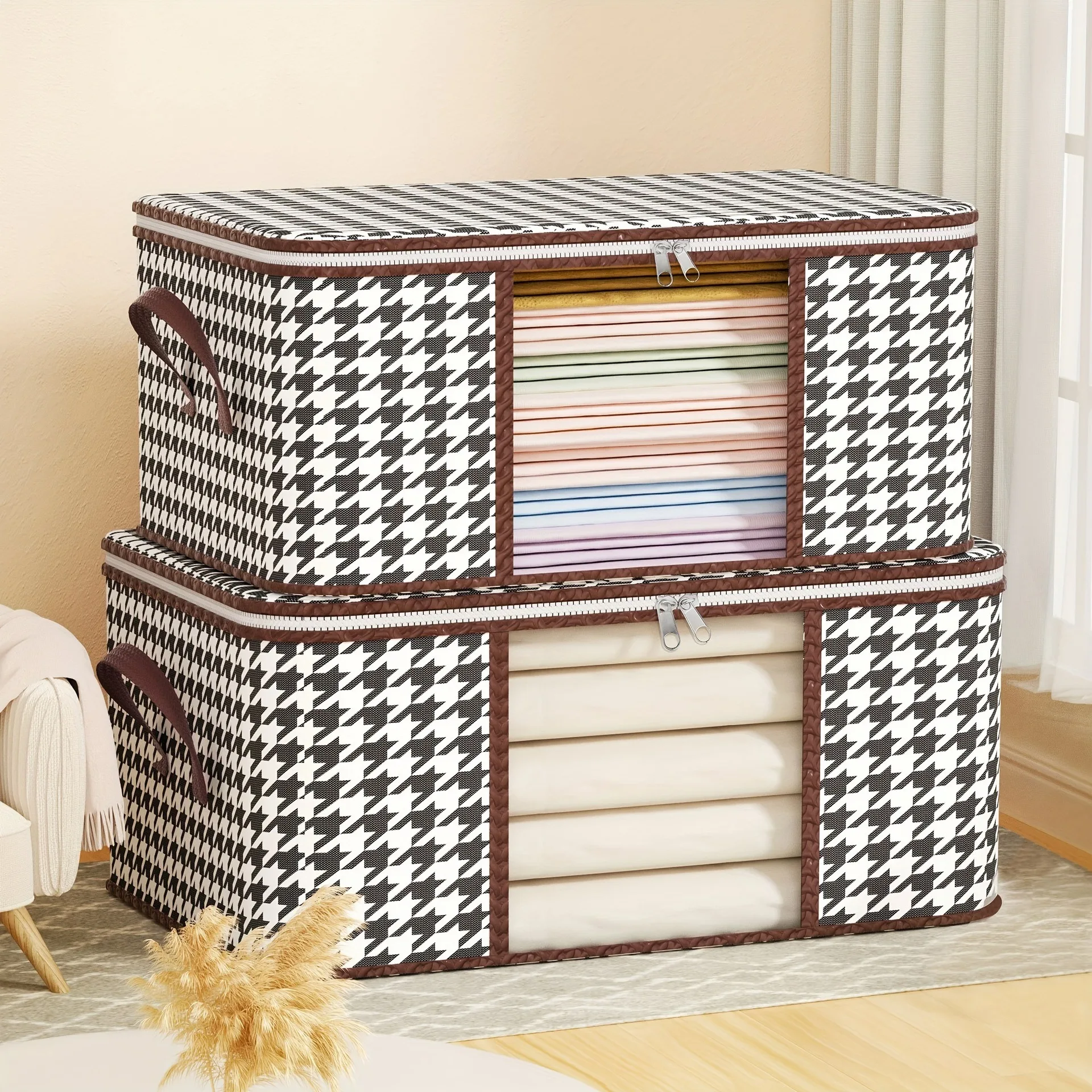 boîte de rangement visible de grande capacité, organisateur de vêtements ménagers portables avec poignées, conteneur pliable anti poussière à fermeture éclair pour couette