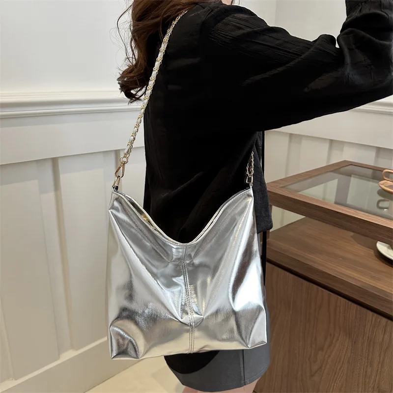 sac à main à poignée supérieure en pu pour femme, sac initié par un designer de luxe, sac à provisions à la mode, haute capacité, argent, or, fourre tout décontracté sous les bras