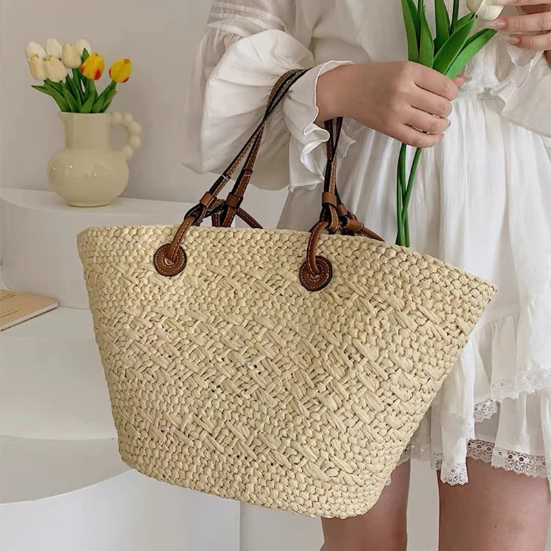 Sac fourre-tout en paille fait à la main, grande capacité, tissé, Design de marque, léger, luxe, polyvalent, vacances à la plage, sac à bandoulière exquis