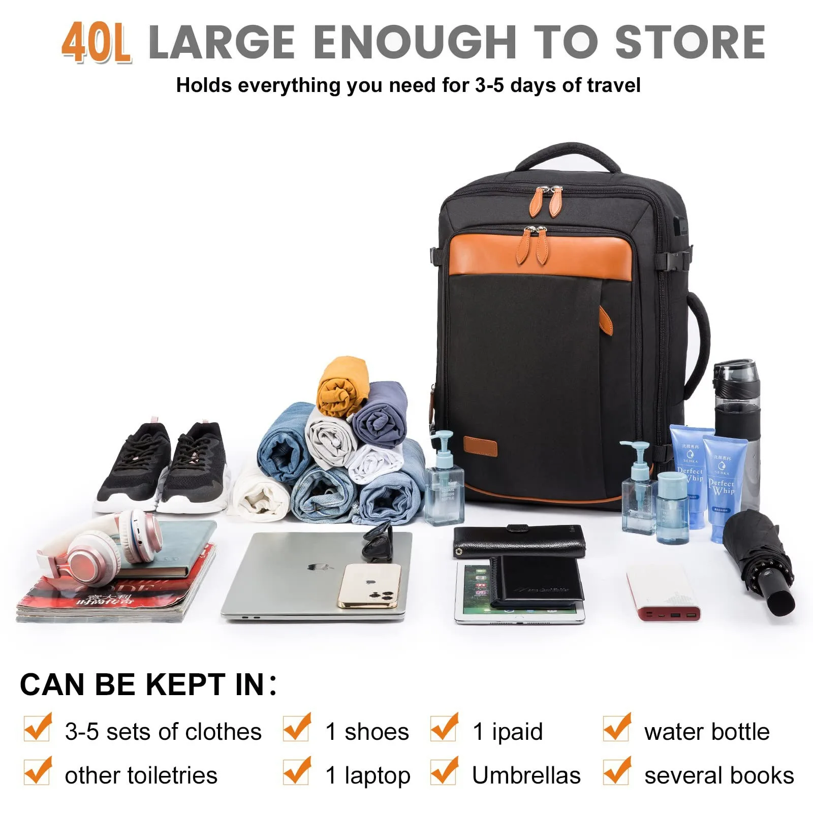 grande valise extensible de voyage de grande capacité sacs à dos avec 4 cubes d'emballage sac à dos de bagage résistant à l'eau mochila