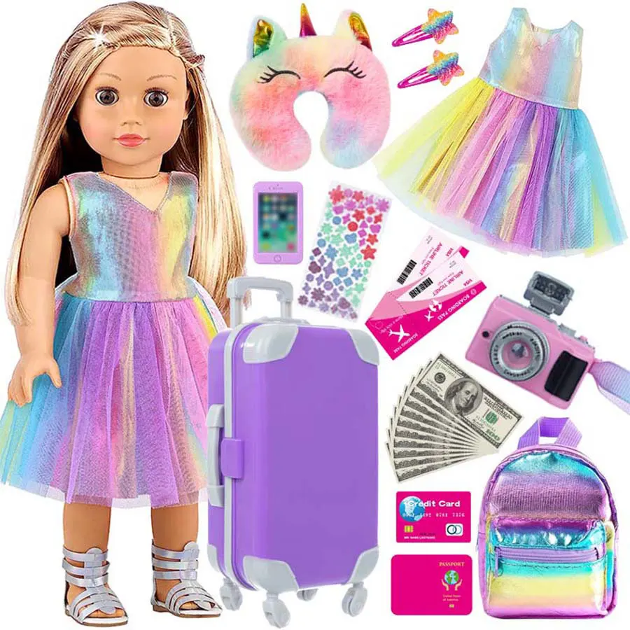 Vêtements et accessoires de poupée de 18 pouces, valise de voyage, ensemble comprenant oreiller, sac licorne, appareil photo, ordinateur, téléphone, passeport pour enfants Gi