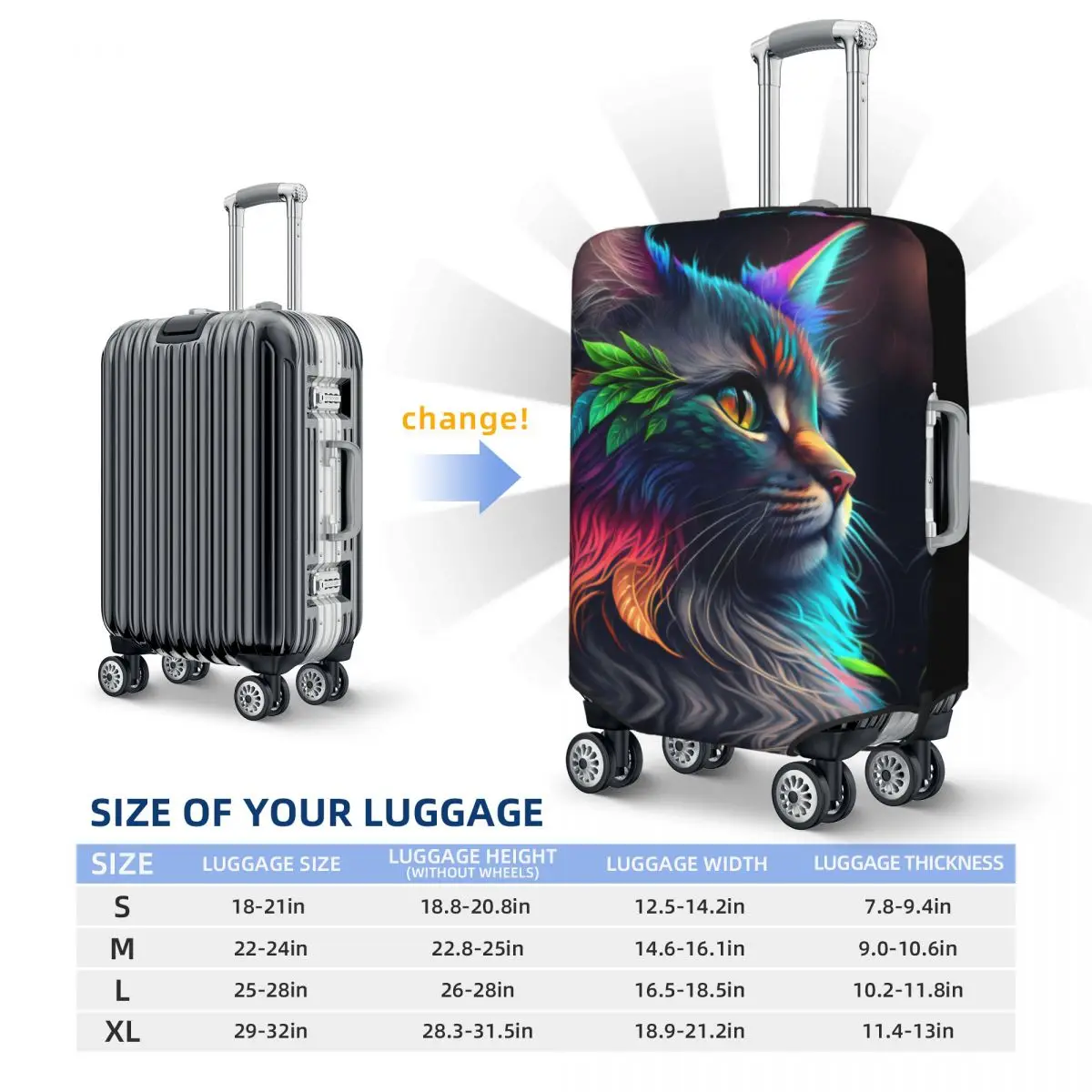 housse de valise tête de chat mignon, étui de bagage élastique animal abstrait de vacances, protection de voyage