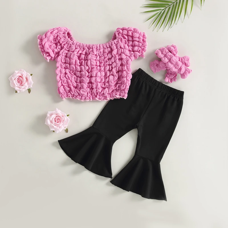 vêtements pour enfants filles, couleur unie, froncé, manches courtes, col élastique, hauts, taille élastique, pantalon évasé, bandeau, costume 3 pièces