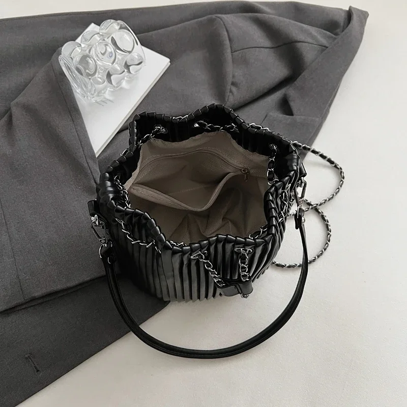 sac à bandoulière en cuir pu pour femmes, design de marque, sac seau à rayures plissées, mini petit sac à bandoulière simple pour dames