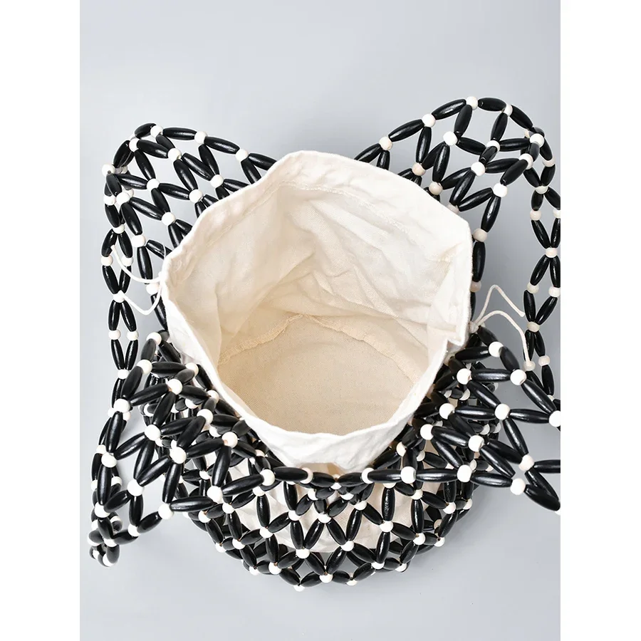 sac à main tissé pour femmes, design d'été, fourre tout en perles de bois ajourées, sac seau à bandoulière en toile filet réticulé, sac à main de plage