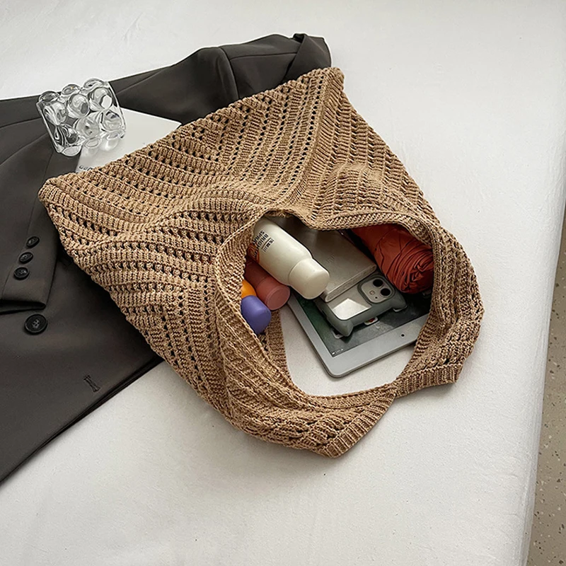 sac fourre tout en crochet fait à la main pour femmes, sac tricoté de grande capacité, sac à bandoulière tendance de plage d'été de styliste ajouré, kaki