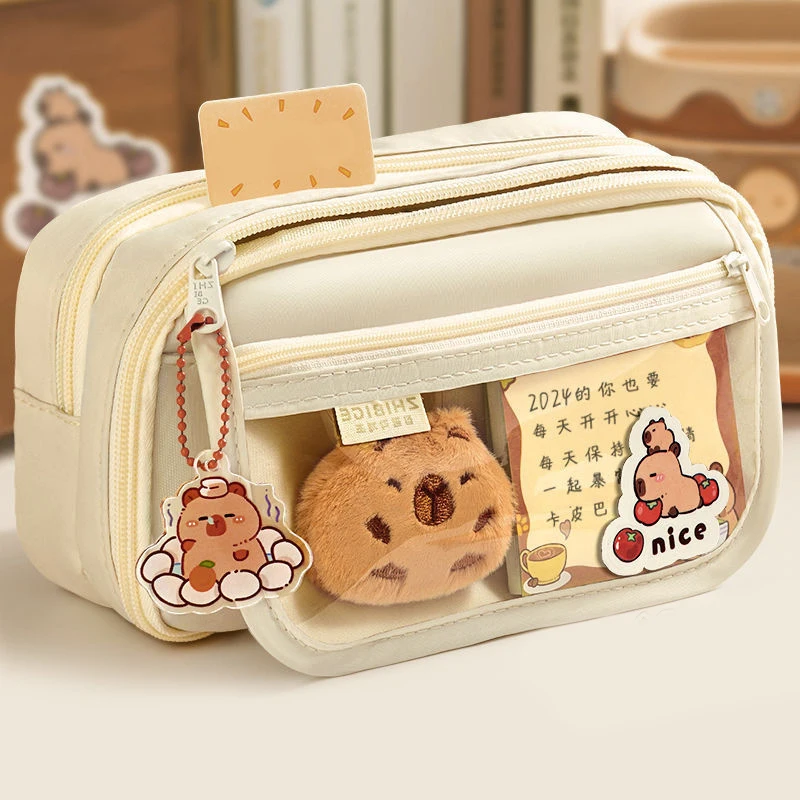 trousse à crayons en tissu mignon kawaii, grande capacité, capybara, fermeture éclair, sac pour enfants, pochette pour stylos, fournitures scolaires, cadeau