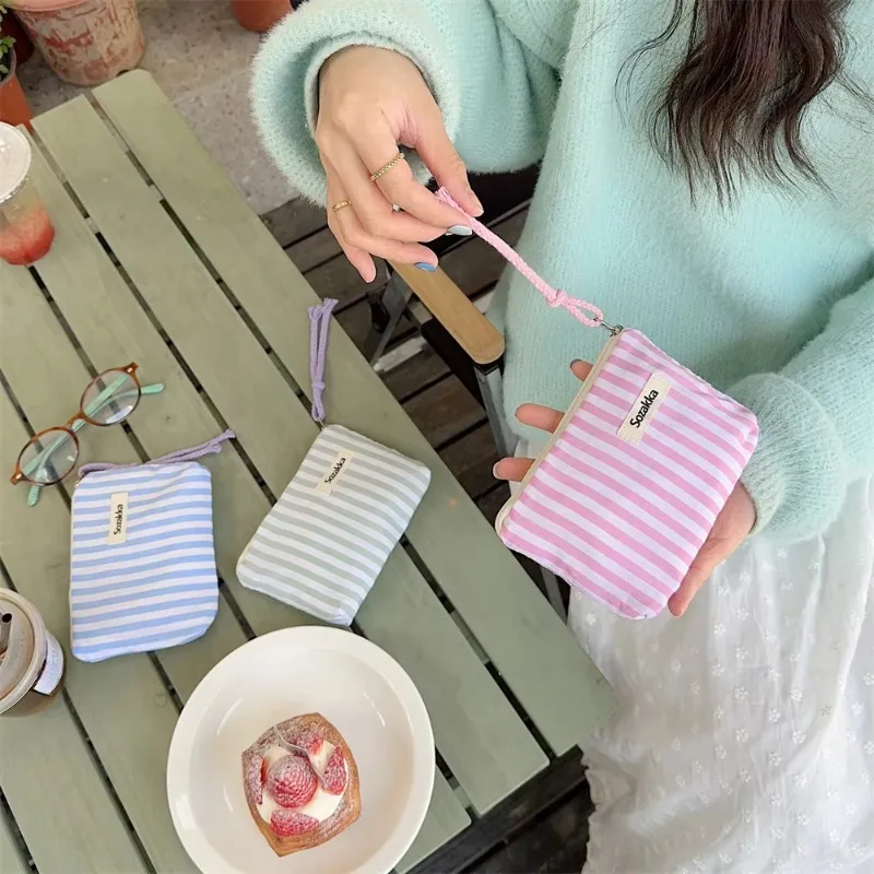 Porte-monnaie mignon pour enfants, petit sac de maquillage cosmétique, Mini sacs de rangement en toile rayés, étui de maquillage pour rouge à lèvres pour femmes