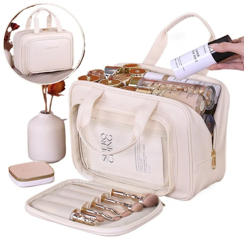 trousse de maquillage de grande capacité pour femme – organisateur cosmétique portable avec porte-brosse et poignée de transport, trousse de maquillage adaptée aux voyages