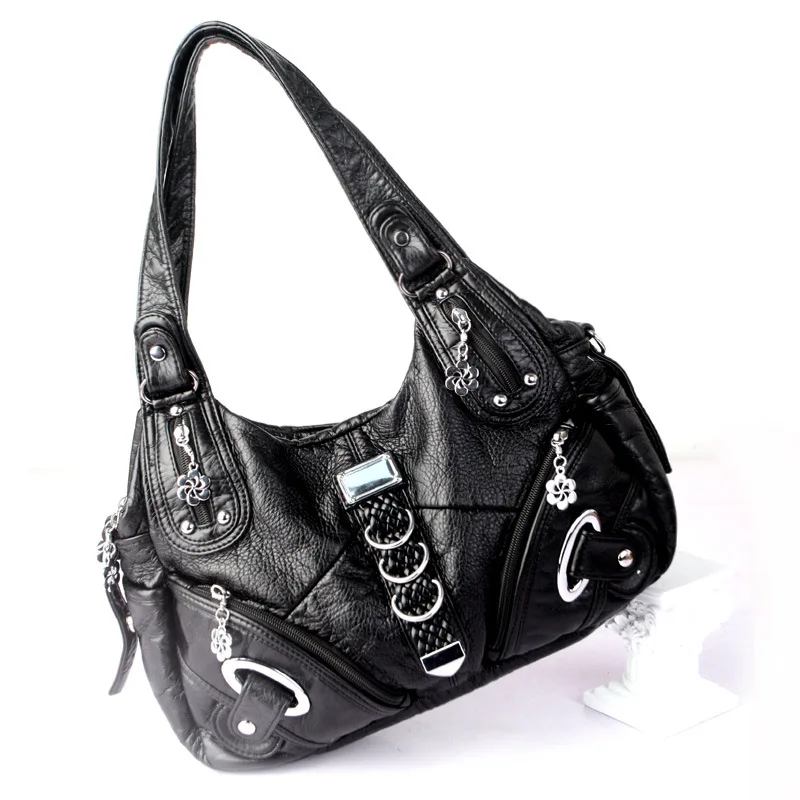 Femmes sacs à main noirs mode sac à bandoulière grand fourre-tout en cuir lavé sac à provisions multifonctionnel sacoche dame Hobos grand sac à main
