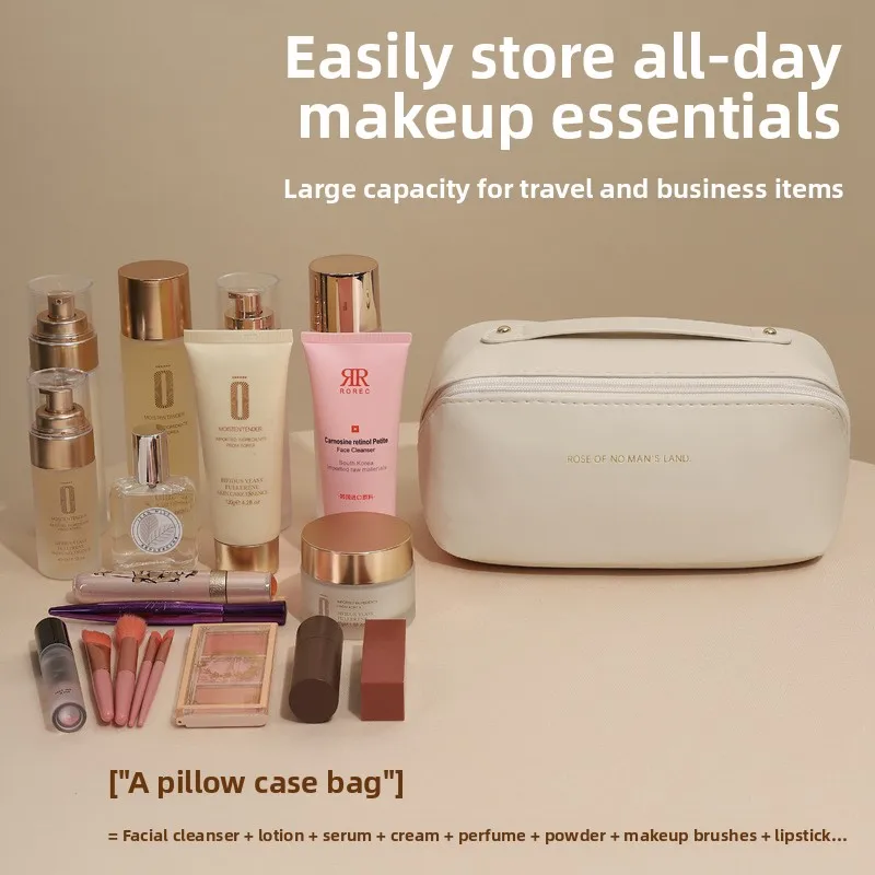 sac à cosmétiques de voyage de grande capacité, taie d'oreiller pour femmes, trousse de maquillage, sac de rangement de toilette, sac portable de luxe en forme de cube en pu