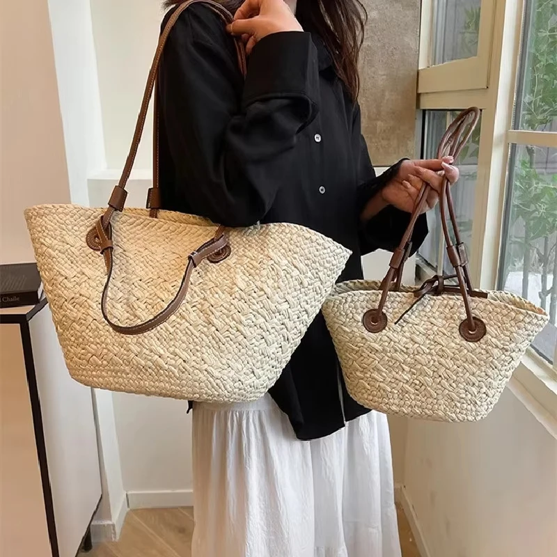 sac fourre tout en paille fait à la main, grande capacité, tissé, design de marque, léger, luxe, polyvalent, vacances à la plage, sac à bandoulière exquis