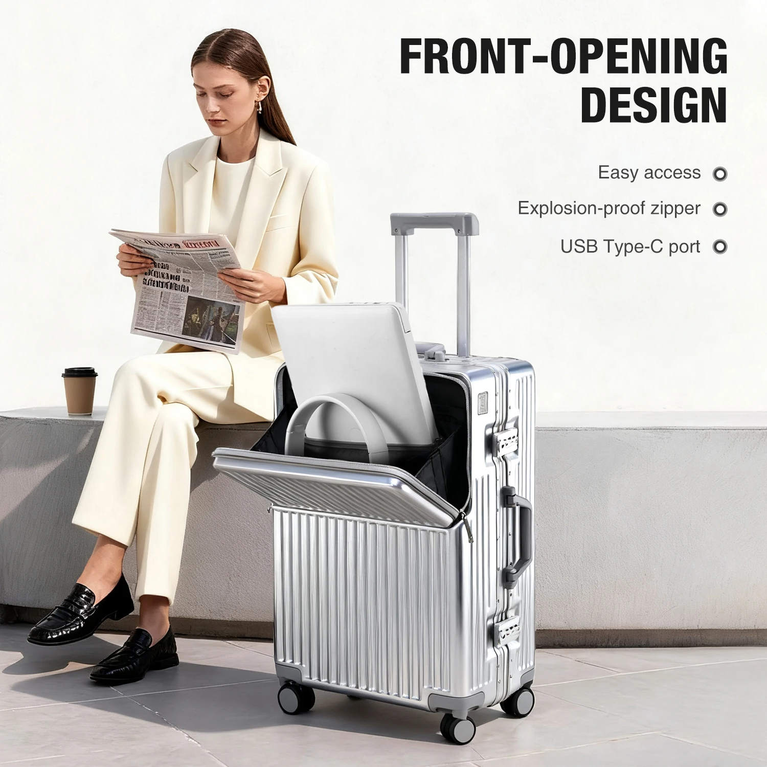 aiweiny 2025 valise pc à coque rigide en aluminium, résistante à la pression, avec roulettes omnidirectionnelles silencieuses à 360°, porte gobelet et étagère de rangement, équipée d'une serrure tsa.