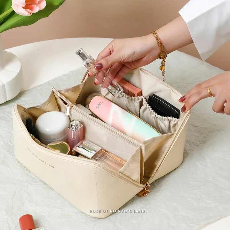 sac à cosmétiques de grande capacité, sac de rangement de cosmétiques, trousse de toilette de voyage portable en cuir pu, sac à cosmétiques pour femmes, organisateur de produits de toilette